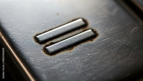 Close-up view of an embossed equals sign symbol on a dark, textured metallic surface.