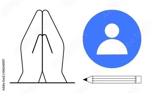 Spirituality, communication, identity, social media, personal expression, creativity. Praying hands, a user profile symbol in blue and a pencil are . Spirituality and communication concept