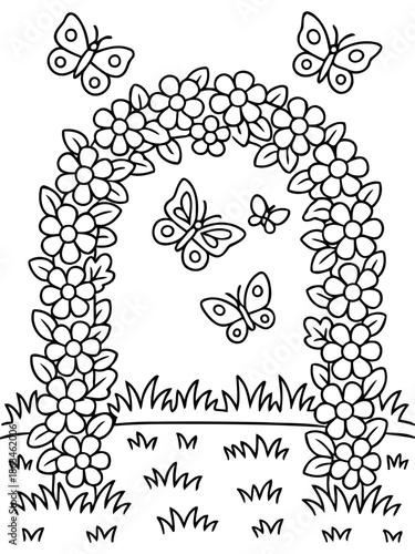 Floral Arch and Butterflies: A charming floral arch, adorned with delicate flowers, frames a delightful scene, as several butterflies flutter playfully above the lush grass.