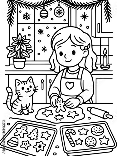 Cozy Christmas Baking: A young girl, enveloped in the joy of the holiday spirit, crafts gingerbread cookies in a kitchen filled with festive decorations. A cat sits patiently alongside. 