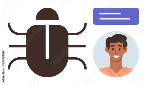 Cybersecurity, data protection, identity verification, online threats, malware identification, digital safety. Icon of a bug with a user avatar and text element. Cybersecurity and data protection
