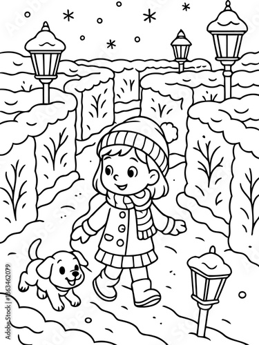 Winter Stroll with Friend: A cheerful child, bundled warmly in a coat and hat, happily walks alongside a playful puppy, creating a picturesque winter scene. Lanterns light the snow-covered path.