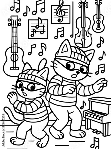 Cat Duo in Concert: A dynamic illustration captures two stylish cats in concert. they are surrounded by instruments, the essence of music, each poised with personality, harmony and rhythm