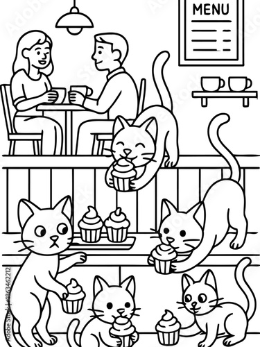 Cat Cafe Delight: A charming illustration depicts a playful scene in a cozy cat cafe, where friendly felines interact with customers and enjoy cupcakes.