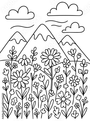 Flower field with mountain line art: A whimsical line art illustration of a picturesque landscape, featuring blooming wildflowers in a field, under snow-capped mountains and fluffy clouds.