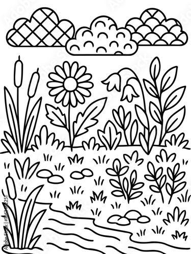 Blooming Garden Illustration: A delightful illustration of a vibrant garden scene, featuring blossoming flowers, lush greenery, fluffy clouds, and a flowing stream.