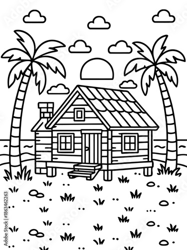 Tropical Beach Cabin: A serene illustration captures the essence of a tropical getaway, with a cozy cabin nestled amidst palm trees, and overlooking the calm beach.