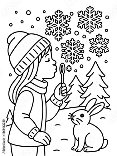 Winter's Enchantment: A young girl's playful enchantment, as she interacts with the serene beauty of winter, conjuring bubbles amidst a snowy scene, watched by a curious bunny.