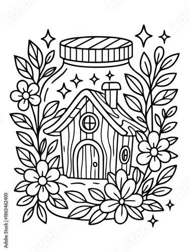 Whimsical Jar House: A charming illustration depicts a whimsical wooden house encapsulated within a glass jar, adorned with floral elements and stars, creating a fairy-tale ambiance.