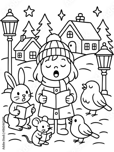 Winter Carol: A child sings carols in a winter scene, accompanied by animals and set amidst snow-covered houses and trees. A heartwarming portrayal of holiday joy and community.