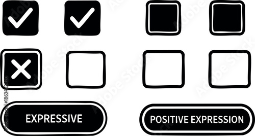 Check marks and square icons with expressive and positive expression labels vector illustration 