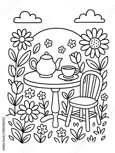 Tea Time Serenity: An inviting illustration of a tea set on a table, surrounded by blooming flowers, and a quaint chair, invoking a sense of calm and a leisurely moment.