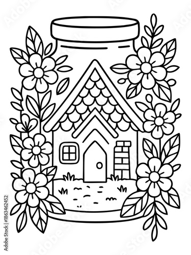 Whimsical Home in a Jar: A detailed line drawing of a charming house nestled within a glass jar, adorned with delicate flowers and leaves, perfect for coloring and creativity.