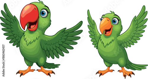 Two Happy Green Cartoon Parrots with Bright Feathers and Open Wings Welcoming and Waving Hello Vector Illustration.