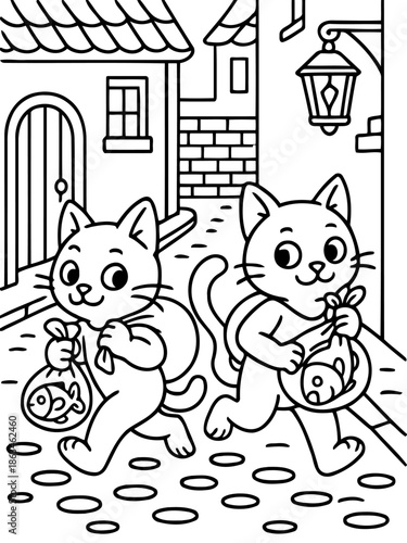 Cat's Day Out with Fish: Two cartoon cats stroll through a quaint alleyway, each carrying a bag of freshly caught fish, in a simple yet charming illustration