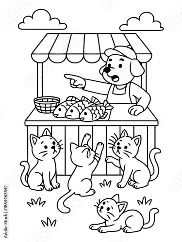 Fish Market: A cartoon illustration featuring a canine vendor at a fish market stall with four kittens in search of delicious meal. The playful illustration captivates attention.