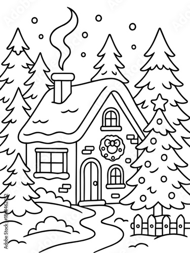 Cozy Cabin in Winter Wonderland: An idyllic scene of a charming cabin nestled among snow-covered fir trees, with smoke gently curling from the chimney, inviting warmth and tranquility.