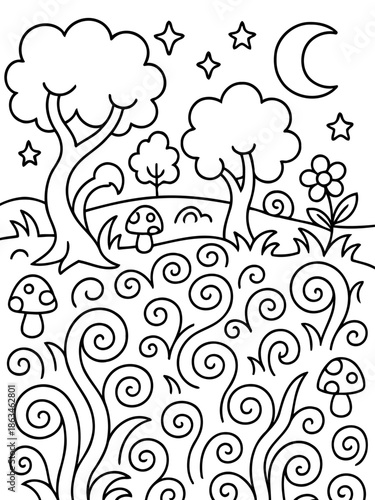 Magical Night Garden: A whimsical illustration of a moonlit garden scene filled with swirling plants, charming mushrooms, and twinkling stars.