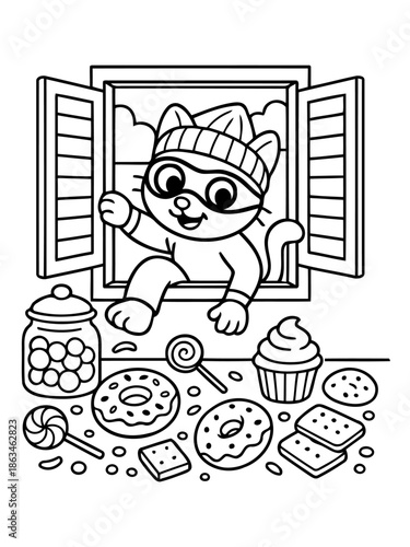 Cat Burglar's Sweet Heist: An adorable cat, donning a mask and cap, gleefully emerges from a window after a successful snack raid. Surrounded by treats, a glass jar of sweets, lollipop, muffin.