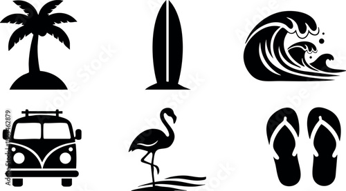 Tropical beach icons with palm tree surfboard wave flamingo flip flops and van vector illustration 