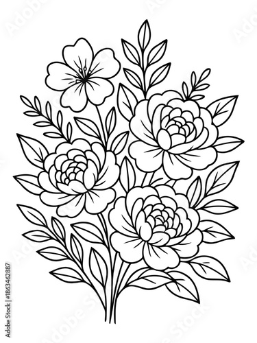 Floral Elegance in Monochrome: A detailed illustration captures the delicate beauty of a blooming floral arrangement, rendered in stark black lines on a clean canvas.