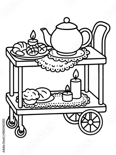 Tea Time Delights on Wheels: A charming illustration depicts a vintage tea cart laden with delectable treats like pastries, muffins, teapot, and candles. evoking the warmth of a cozy afternoon tea.