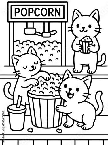 Popcorn Time with Adorable Kittens: A delightful illustration showcases playful kittens enjoying fresh popcorn from a classic popcorn machine, a charming scene of snack time happiness.