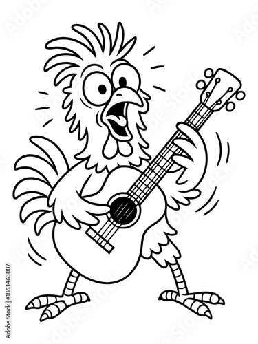 Rockstar Rooster: A lively and animated cartoon rooster strums a guitar with gusto, showcasing his hidden musical talent. This whimsical scene blends humor with a touch of artistic flair.