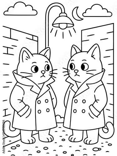 Stylish Feline: Two adorable cartoon cats, sporting matching coats, stand side-by-side in a quaint urban setting, their expressions hinting at a secret rendezvous.