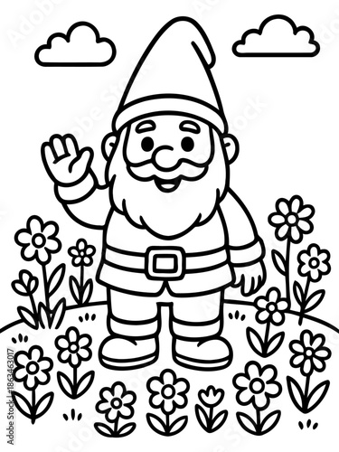 Garden Gnome's Welcome: A friendly garden gnome, adorned in a classic pointed hat and a bushy beard, waves a welcoming hand amidst a field of blooming flowers under a cheerful sky. 