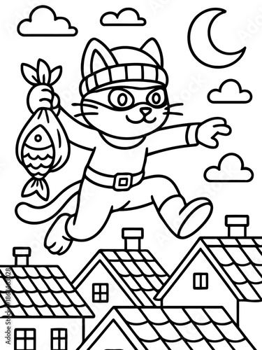 Cat Burglar's Night Escape: A daring cat in a burglar outfit, clutching a bag of stolen fish, leaps across rooftops under the moon's watchful gaze. A whimsical scene of adventure and mischief!