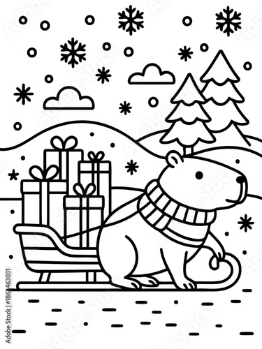 Capybara's Festive Delivery: An adorable capybara, adorned with a cozy scarf, is depicted pulling a sleigh laden with neatly wrapped presents through a snow-covered landscape.