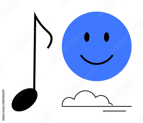Happiness concept. Happiness ed by a blue happy face, a music note, and a cloud. Happiness in art, creativity, positivity, well-being, and carefree lifestyle