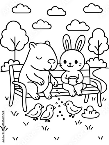 Bunny and Capybara at Park Bench: A charming illustration depicts a delightful scene of a bunny and a capybara seated side-by-side on a park bench. They're sharing a serene moment.