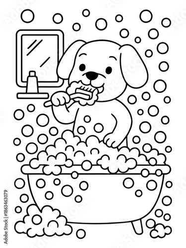 Clean Pup's Bath Time: A cheerful cartoon illustration portrays a puppy enjoying bath time. Surrounded by bubbly suds, the pup is seen brushing his teeth while bathing in the tub.