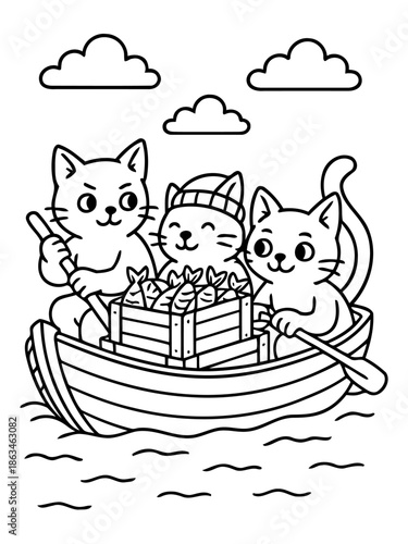 Cats Fishing Adventure: Playful cartoon cats, setting out for a day of fishing on the calm water, capturing the essence of friendship and the joys of the sea.