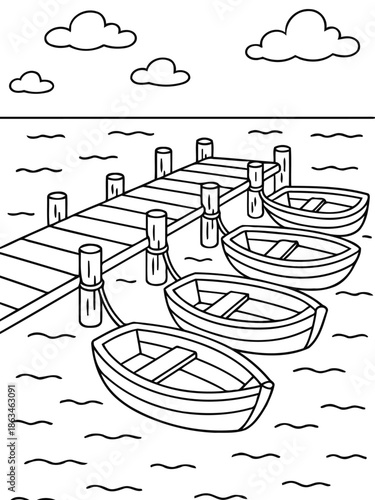 Dockside Tranquility: A serene scene unfolds as several small boats gently bob alongside a wooden dock. Overhead, fluffy clouds drift in the vast sky, mirroring the placid water.