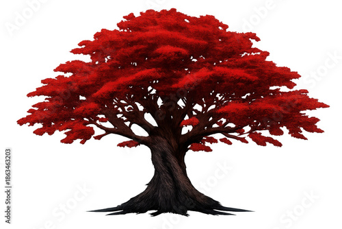 Old tree having vibrant red autumn leaves, strong twisted trunk, and exposed roots, creating a mystical fantasy nature element