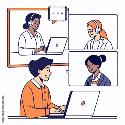 Flat Vector Illustration of Remote Work Team in Online Meeting