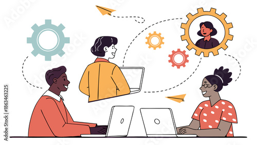 Flat Vector Illustration of Remote Work Team in Online Meeting