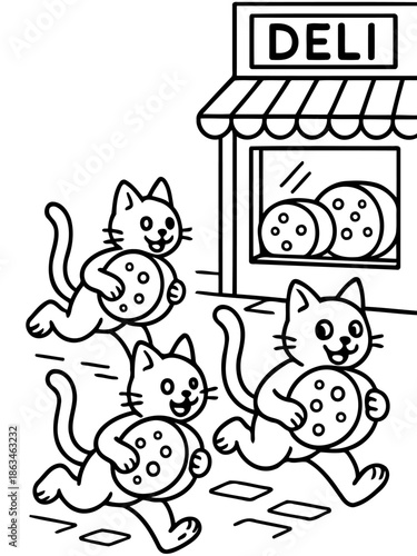 Cat Capers: A cartoon captures the playful antics of four cats, each gleefully carrying a delicious salami slice, adding a touch of humor and delight. 