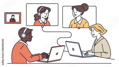 Flat Vector Illustration of Remote Work Team in Online Meeting