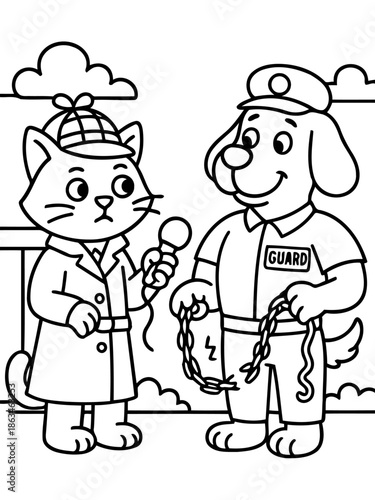 Detective Cat and Guard Dog: a cat detective interviewing a dog guard, a scene of mystery and protection