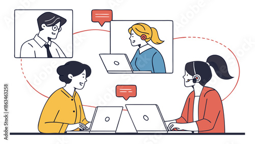 Flat Vector Illustration of Remote Work Team in Online Meeting