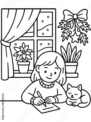 Cozy Writing and Cat: A young person engrossed in writing, nestled beside a purring cat indoors, capturing the essence of comfort and creativity in a quiet moment.