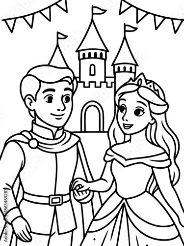 Royal Couple at the Castle: A prince and princess, hand in hand, stand before a grand castle adorned with banners, ready for a fairytale adventure. 