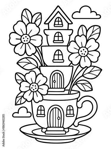 Whimsical Teacup House: A charming illustration depicts a whimsical teacup house nestled amidst blooming flowers and fluffy clouds, evoking a sense of fantasy and wonder.