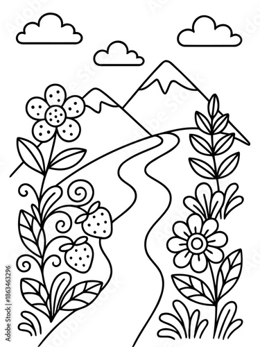 Nature's Path: A serene black and white illustration of a winding river meandering through a picturesque landscape, leading the eye towards majestic mountains.