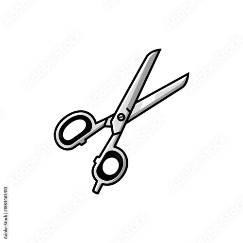 Vibrant cartoon illustration of open metal scissors with black handles, a universal cutting tool for various crafts, office, and styling needs, symbolizing precision and utility