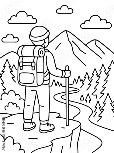 Adventurer on the Summit: An intrepid explorer, armed with a backpack and walking stick, surveys the majestic panorama from a mountaintop, breathing in the crisp air of freedom.